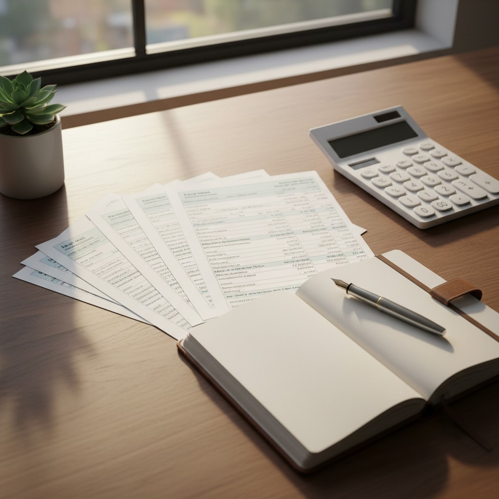 Des documents administratifs étalés sur un bureau en bois près d'un carnet ouvert, d'une calculatrice et d'une petite plante.