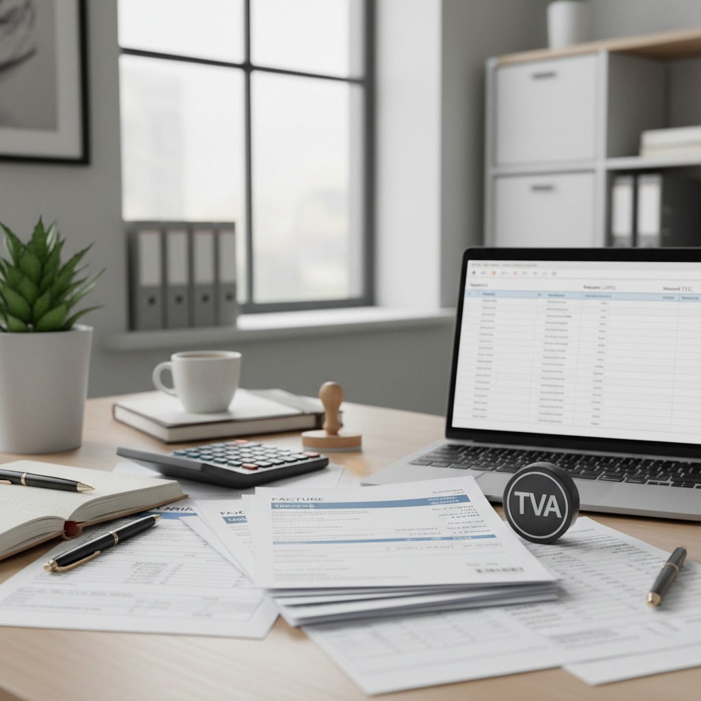 Un bureau de travail est encombré de documents administratifs, de factures, d'une calculatrice, de stylos et d'un ordinateur portable affichant un tableur.