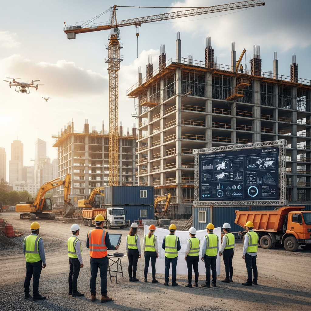 Plusieurs ingénieurs en gilets de sécurité observent un chantier de construction avec une grande grue et des bâtiments en béton.