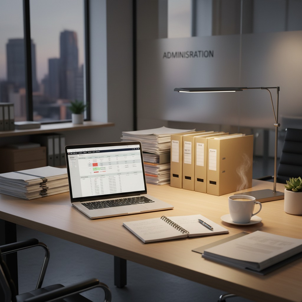 Un bureau éclairé par une lampe de bureau met en valeur un ordinateur portable affichant des données, des dossiers et une tasse fumante, avec des gratte-ciels visibles par la fenêtre au crépuscule.